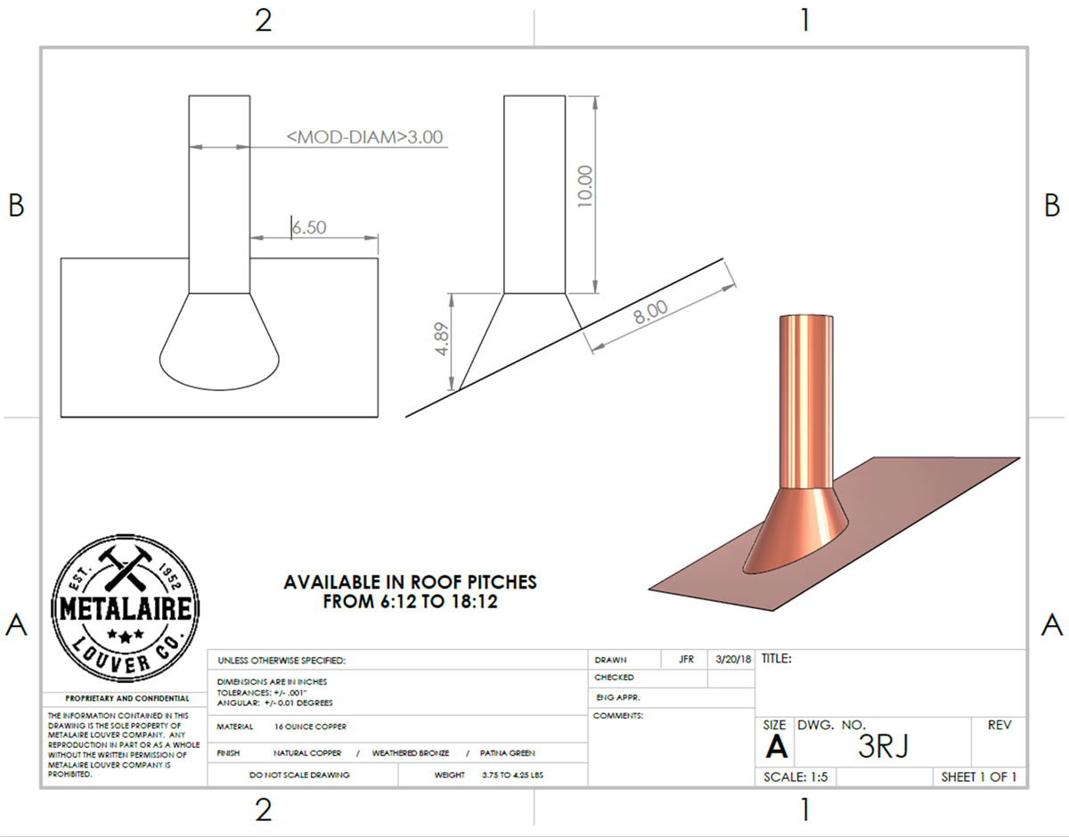 Handmade Copper Roof Vent Jack For PVC Plumbing Pipe - Made In USA